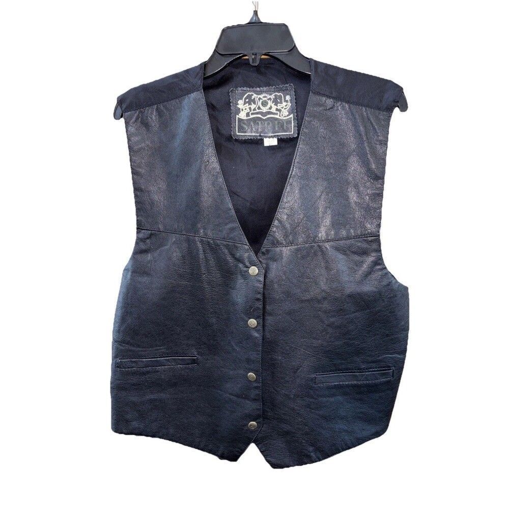 Satrel Men Genuine Leather Biker Vest Black State of Oklahoma Snaps 2X Adjust